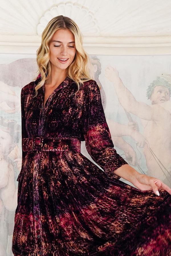 Samantha Sung Audrey Dress #3 Shirt Collar 3/4 Sleeve Midi Length Silk Velvet (Venezia)