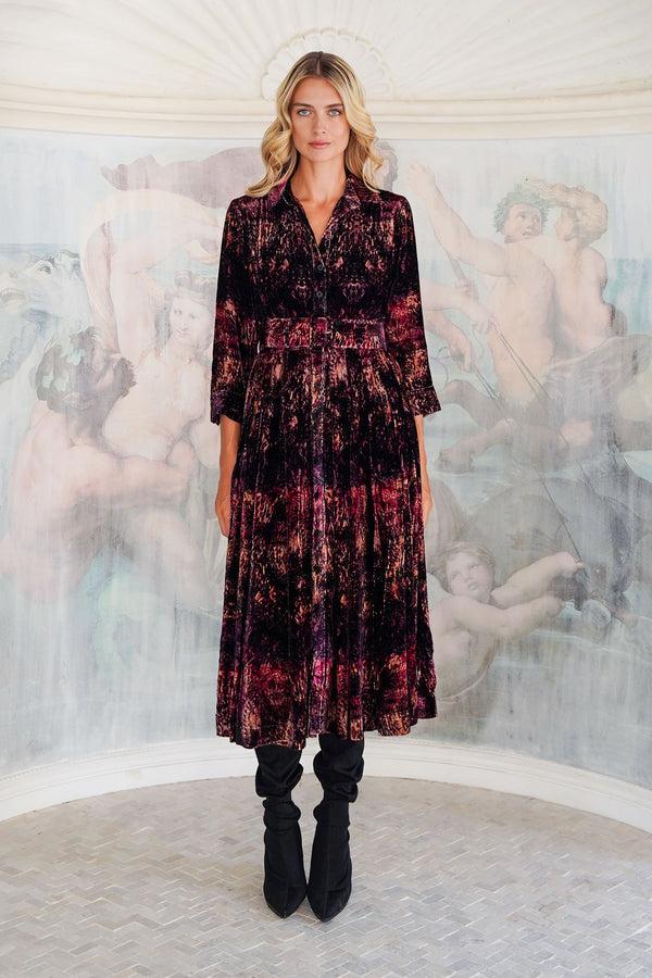 Samantha Sung Audrey Dress #3 Shirt Collar 3/4 Sleeve Midi Length Silk Velvet (Venezia)