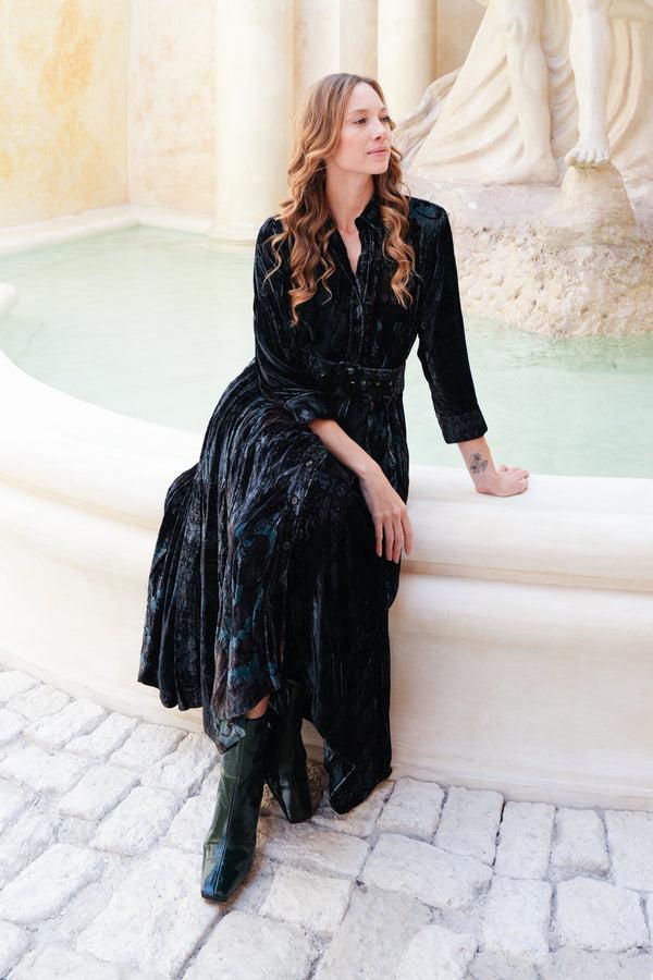 Samantha Sung Audrey Dress #3 Shirt Collar 3/4 Sleeve Midi Length Silk Velvet (Firenze Velvet)