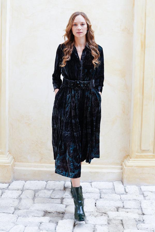 Samantha Sung Audrey Dress #3 Shirt Collar 3/4 Sleeve Midi Length Silk Velvet (Firenze Velvet)