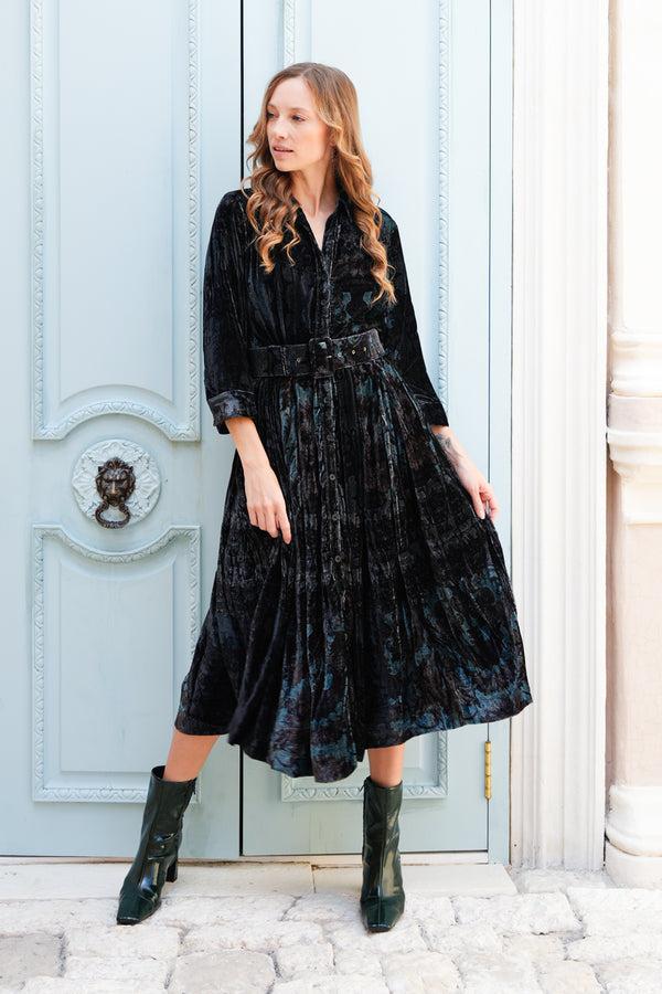samantha sung Audrey Dress #3 Shirt Collar 3/4 Sleeve Midi Length Silk Velvet (Firenze Velvet)