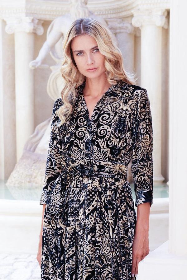 Samantha Sung Audrey Dress #3 Shirt Collar 3/4 Sleeve Midi Length Silk Velvet (Fortuny Velvet)