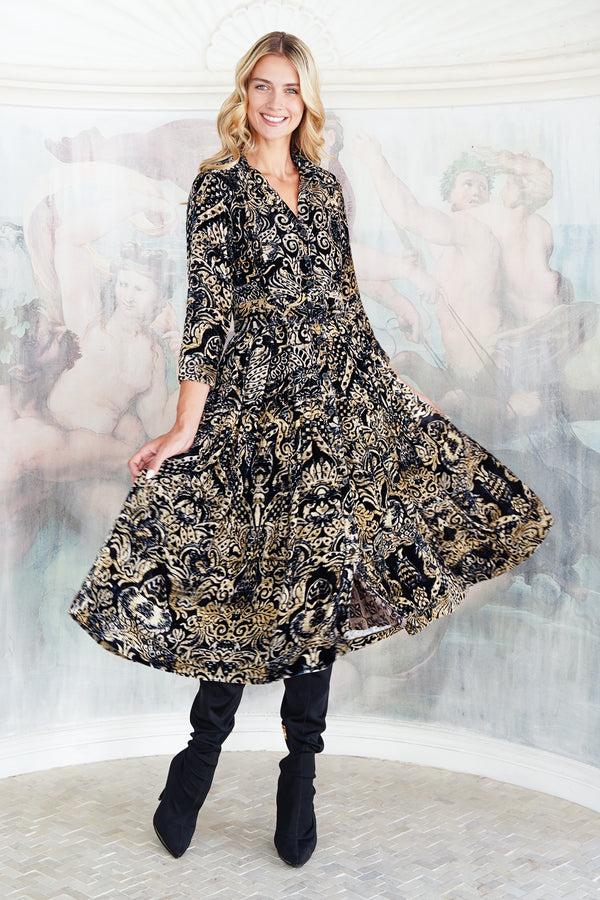 Samantha Sung Audrey Dress #3 Shirt Collar 3/4 Sleeve Midi Length Silk Velvet (Fortuny Velvet)