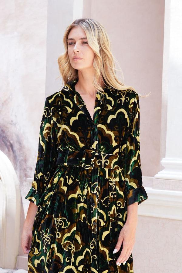 Samantha Sung Audrey Dress #3 Shirt Collar 3/4 Sleeve Midi Length Silk Velvet (Retro Velvet)