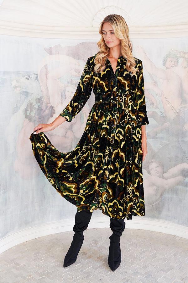 Samantha Sung Audrey Dress #3 Shirt Collar 3/4 Sleeve Midi Length Silk Velvet (Retro Velvet)