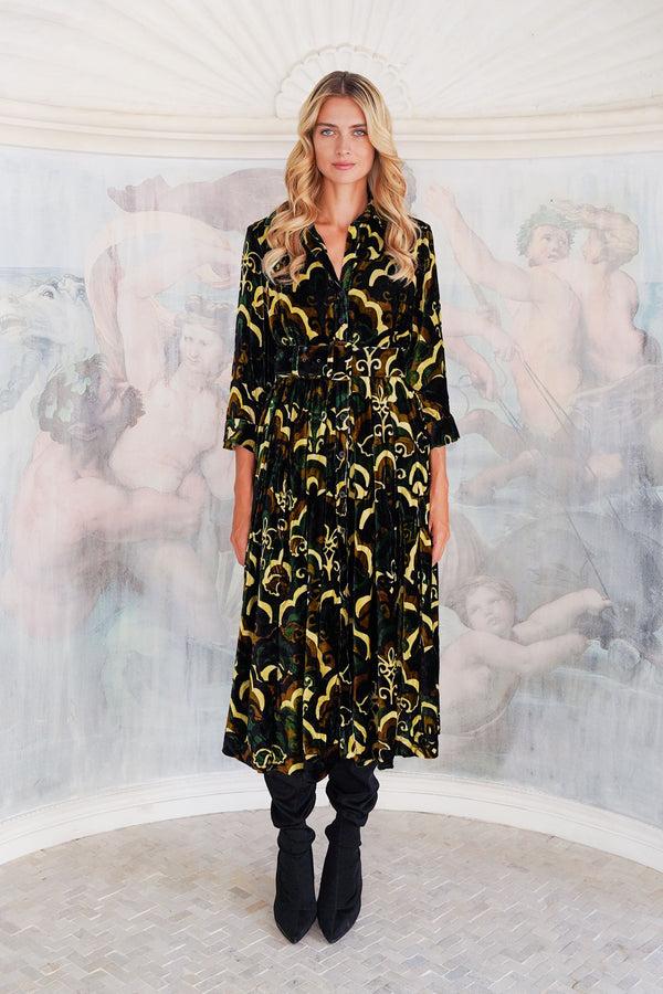 Samantha Sung Audrey Dress #3 Shirt Collar 3/4 Sleeve Midi Length Silk Velvet (Retro Velvet)