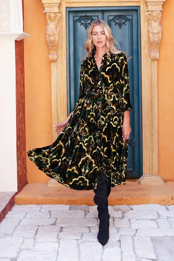 samantha sung Audrey Dress #3 Shirt Collar 3/4 Sleeve Midi Length Silk Velvet (Retro Velvet)