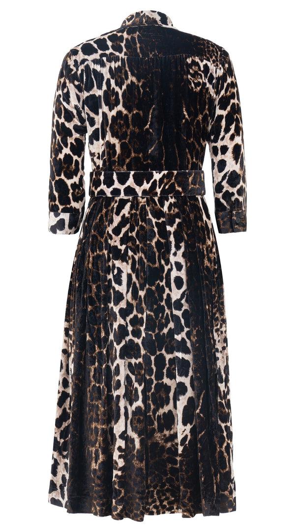 Samantha Sung Audrey Dress #3 Shirt Collar 3/4 Sleeve Midi Length Silk Velvet (Colombo Leopard)
