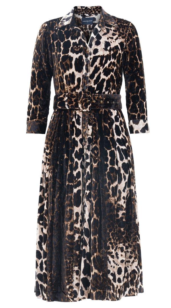 samantha sung Audrey Dress #3 Shirt Collar 3/4 Sleeve Midi Length Silk Velvet (Colombo Leopard)