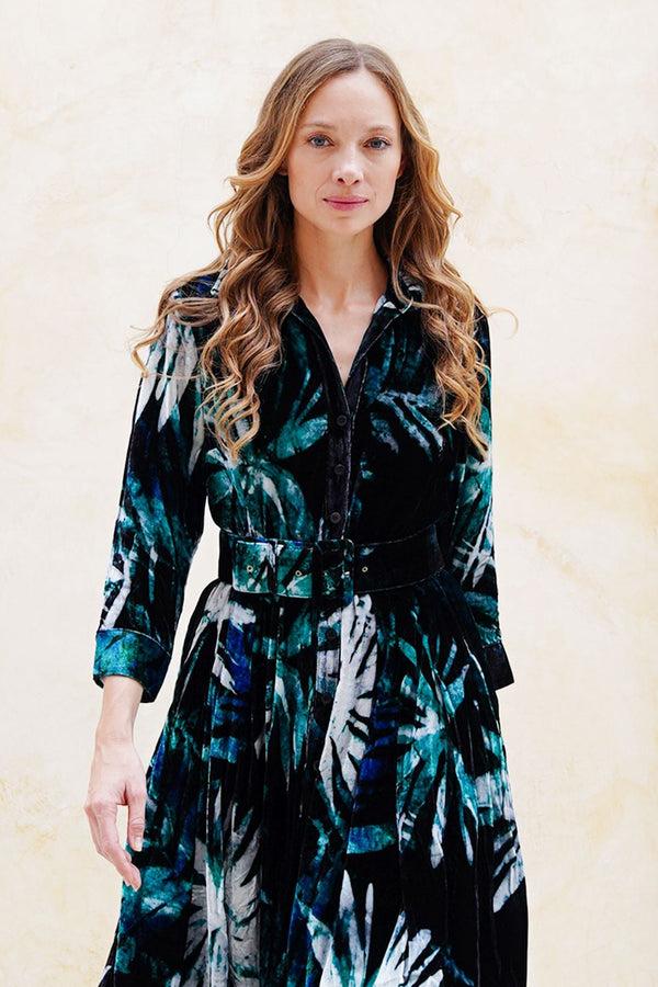 Samantha Sung Audrey Dress #3 Shirt Collar 3/4 Sleeve Midi Length Silk Velvet (Watercolor Palm)