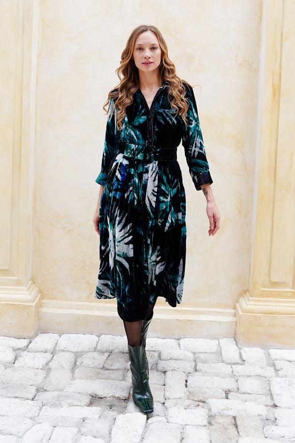 Samantha Sung Audrey Dress #3 Shirt Collar 3/4 Sleeve Midi Length Silk Velvet (Watercolor Palm)