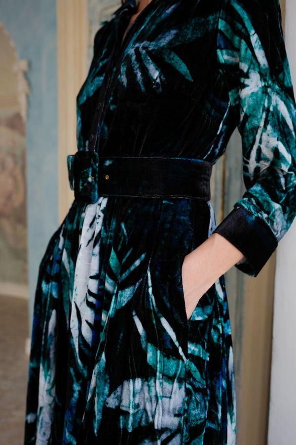 Samantha Sung Audrey Dress #3 Shirt Collar 3/4 Sleeve Midi Length Silk Velvet (Watercolor Palm)