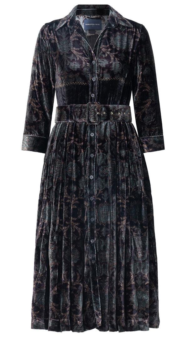 samantha sung Audrey Dress #3 Shirt Collar 3/4 Sleeve Midi Length Silk Velvet (Damasco Velvet)