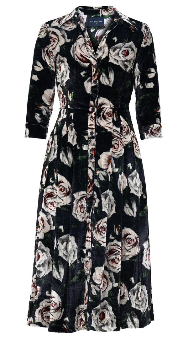 samantha sung Audrey Dress #3 Shirt Collar 3/4 Sleeve Midi Length Silk Velvet (White Rose Dark)