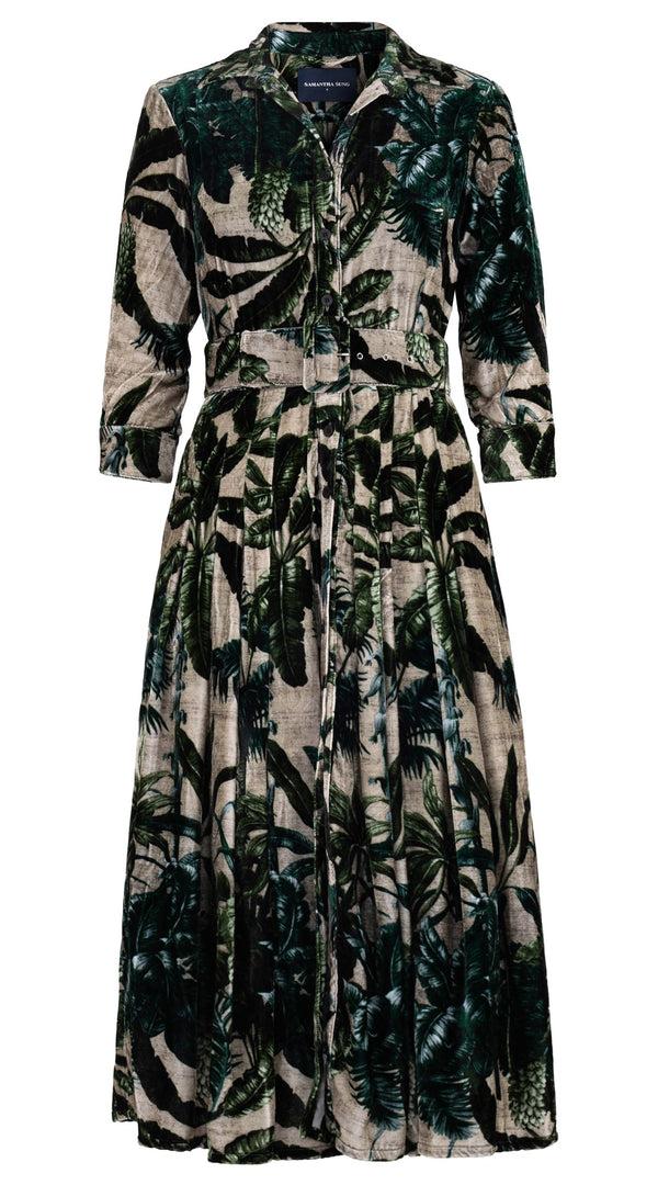 samantha sung Audrey Dress #3 Shirt Collar 3/4 Sleeve Midi Length Silk Velvet (Vintage Palm Beige)