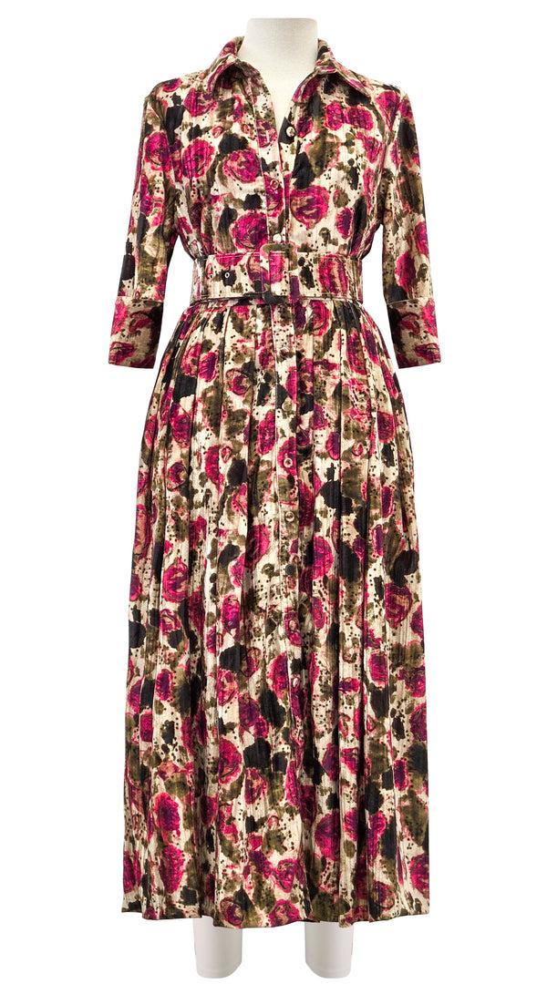 samantha sung Audrey Dress #3 Shirt Collar 3/4 Sleeve Midi Length Silk Velvet (Animal Dots)