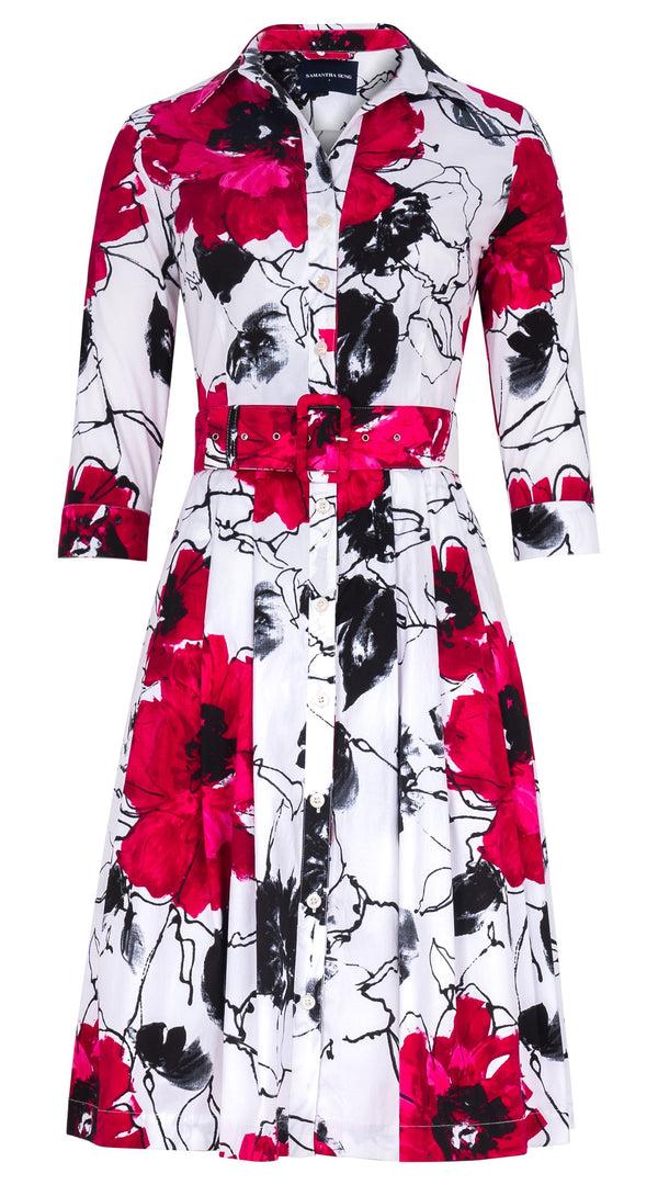 samantha sung Audrey Dress #3 Shirt Collar 3/4 Sleeve Regular Length Cotton Stretch (Fiori D'este Small)