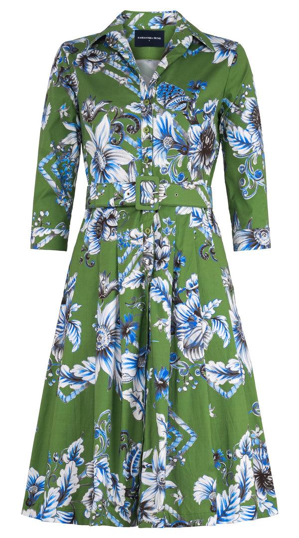 Samantha Sung Audrey Dress #3 Shirt Collar 3/4 Sleeve Regular Length Cotton Stretch (Flower Luxembrug Ivory)