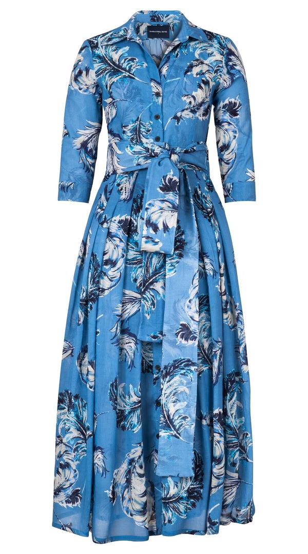 Samantha Sung Audrey Dress #4 Shirt Collar 3/4 Sleeve Ankle Length Wool (Feather Lightness Dark) - Dusty Blue