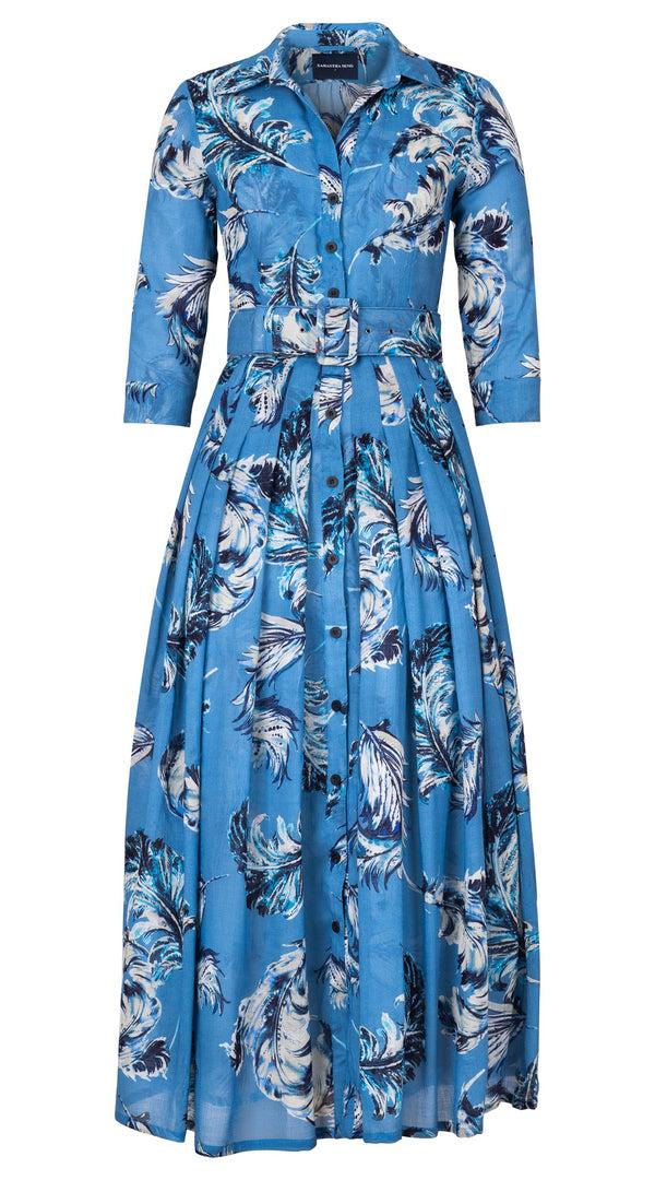 samantha sung Audrey Dress #4 Shirt Collar 3/4 Sleeve Ankle Length Wool (Feather Lightness Dark) - Dusty Blue