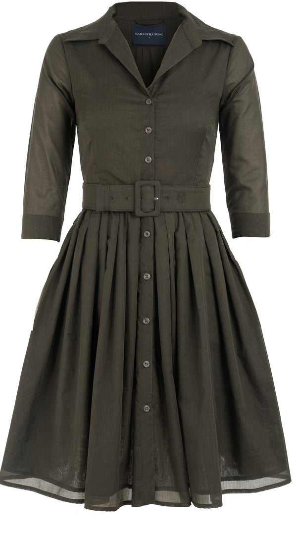 Samantha Sung Audrey Dress #4 Shirt Collar 3/4 Sleeve Cotton Musola_Solid_Khaki Green