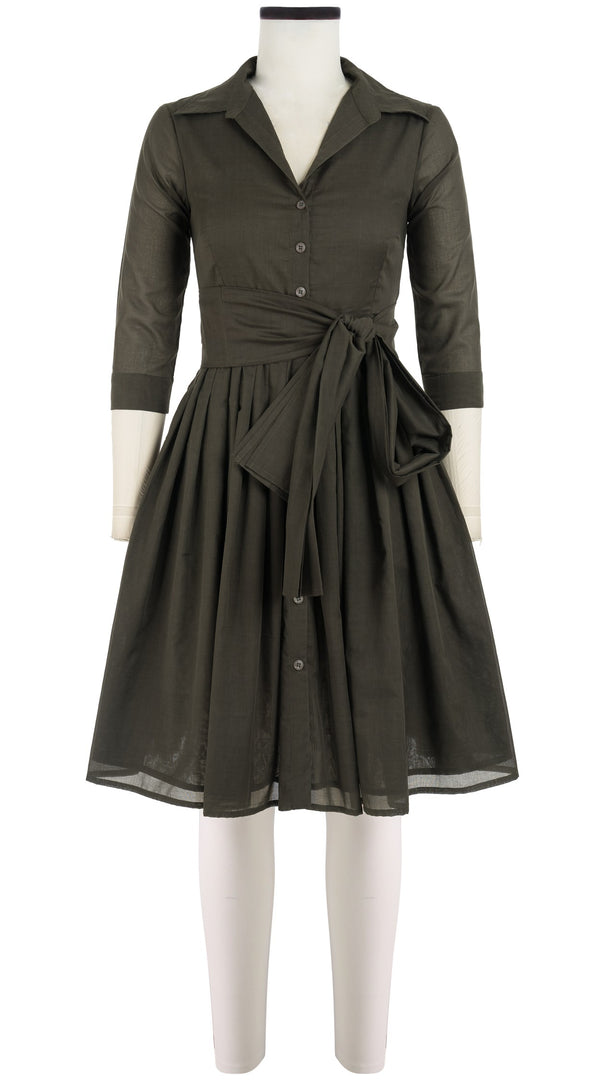 Samantha Sung Audrey Dress #4 Shirt Collar 3/4 Sleeve Cotton Musola_Solid_Khaki Green