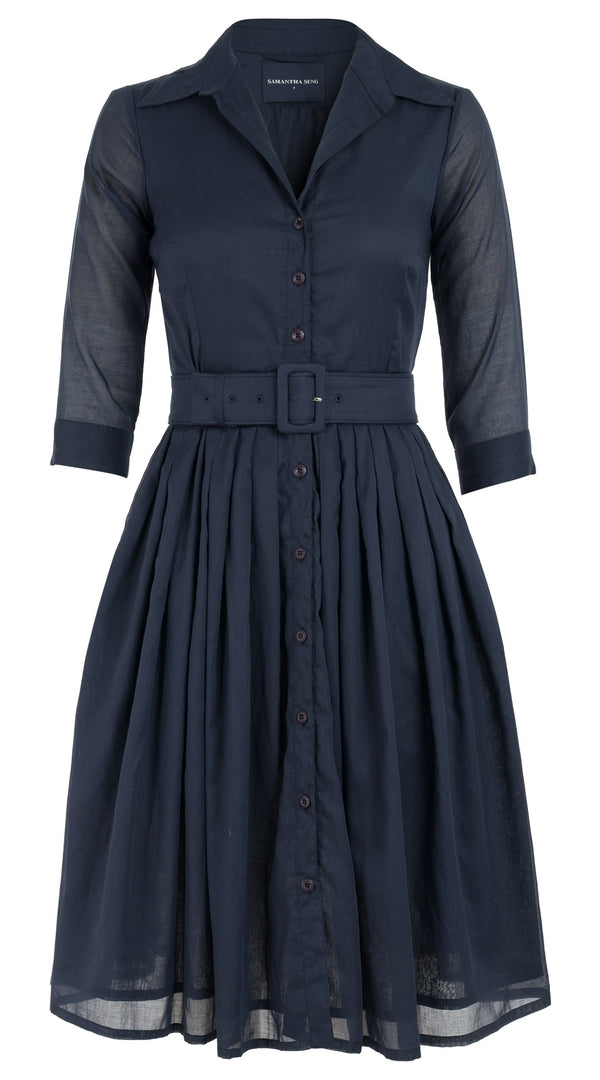 Samantha Sung Audrey Dress #4 Shirt Collar 3/4 Sleeve Cotton Musola_Solid_Denim Blue