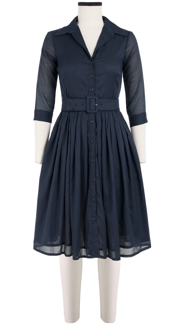 samantha sung Audrey Dress #4 Shirt Collar 3/4 Sleeve Cotton Musola_Solid_Denim Blue