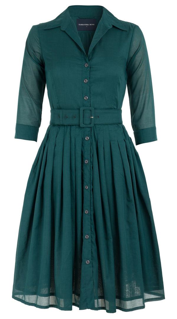 Samantha Sung Audrey Dress #4 Shirt Collar 3/4 Sleeve Cotton Musola_Solid_Jade