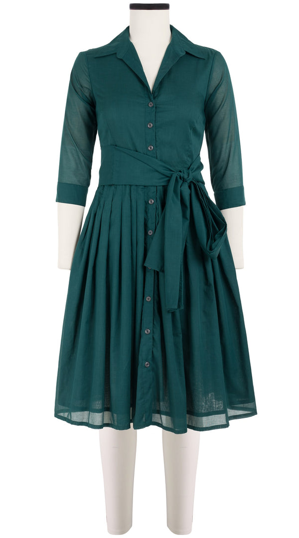 Samantha Sung Audrey Dress #4 Shirt Collar 3/4 Sleeve Cotton Musola_Solid_Jade