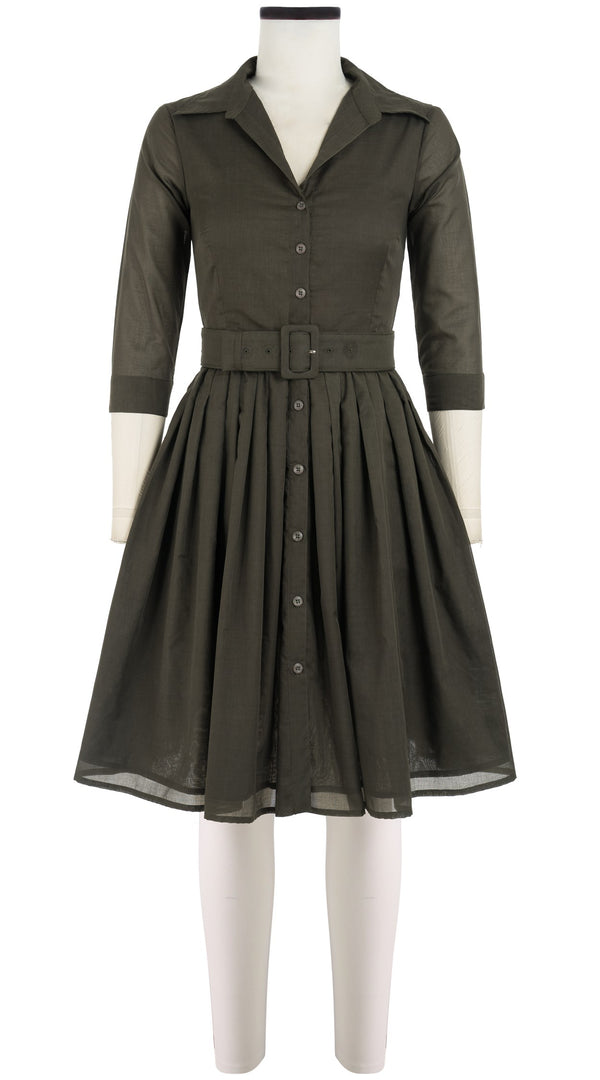 samantha sung Audrey Dress #4 Shirt Collar 3/4 Sleeve Cotton Musola_Solid_Khaki Green