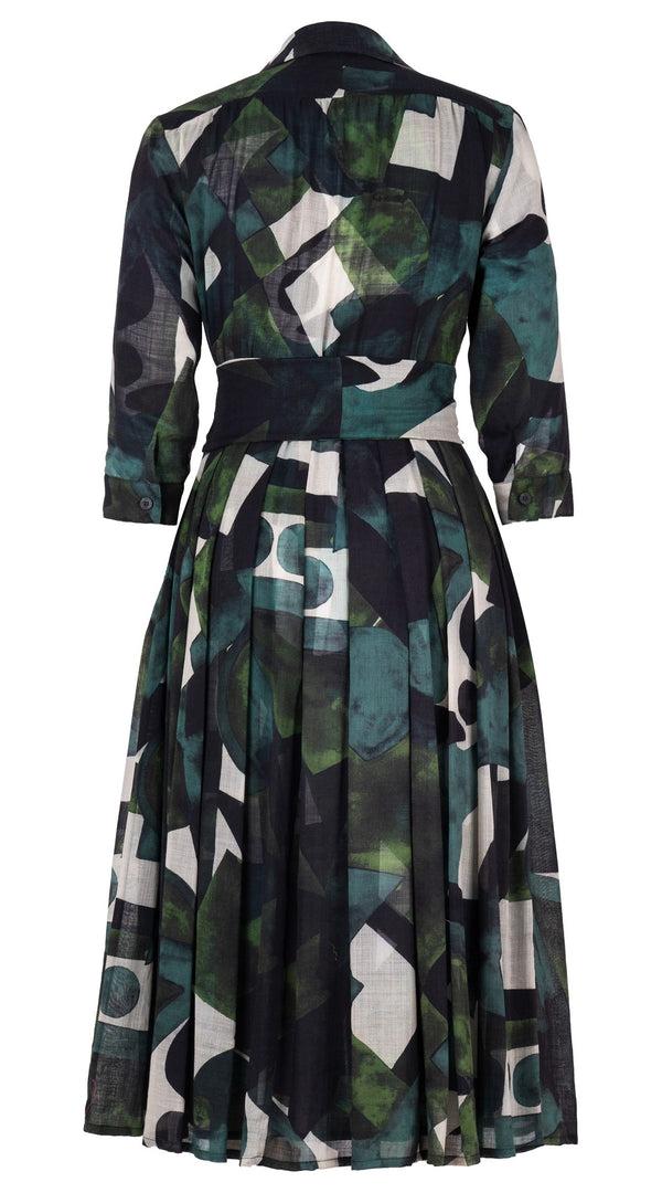 Samantha Sung Audrey Dress #4 Shirt Collar 3/4 Sleeve Long Length Wool (Morello Graphic Dark) - Green Jade