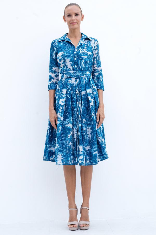 samantha sung Audrey Dress #4 Shirt Collar 3/4 Sleeve Long Length Cotton Musola (Antilles Toile White)