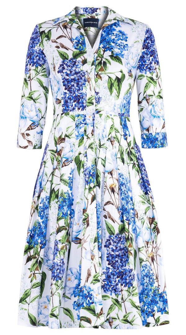 Samantha Sung Audrey Dress #4 Shirt Collar 3/4 Sleeve Long Length Cotton Stretch (Lilac Heaven White)