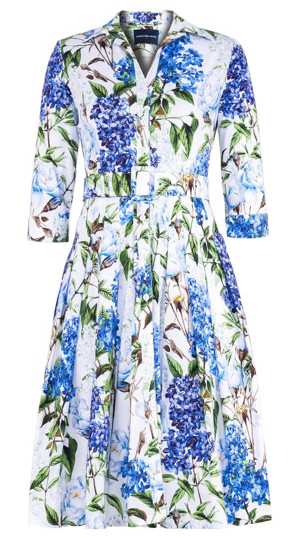 samantha sung Audrey Dress #4 Shirt Collar 3/4 Sleeve Long Length Cotton Stretch (Lilac Heaven White)