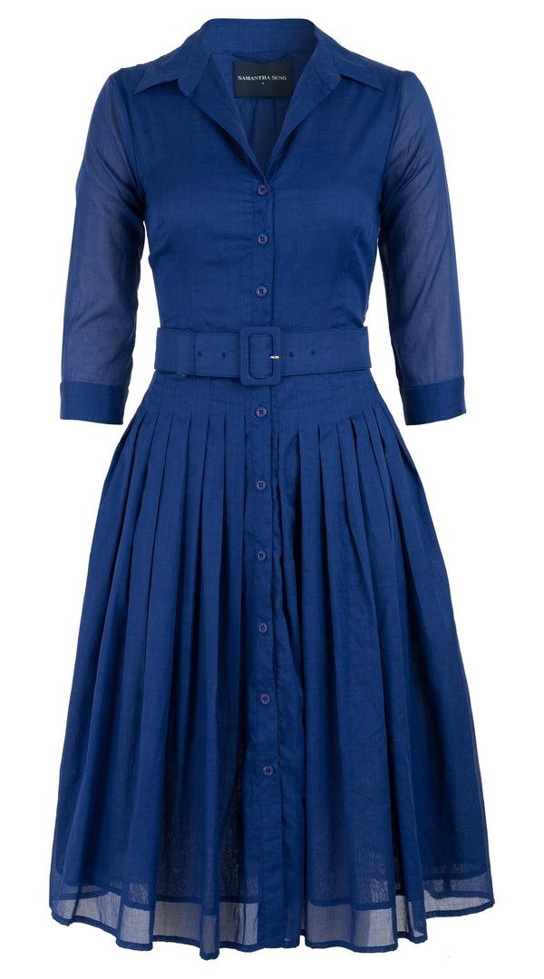 Samantha Sung Audrey Dress #4 Shirt Collar 3/4 Sleeve Long Length Cotton Musola_Solid_Admiral Blue