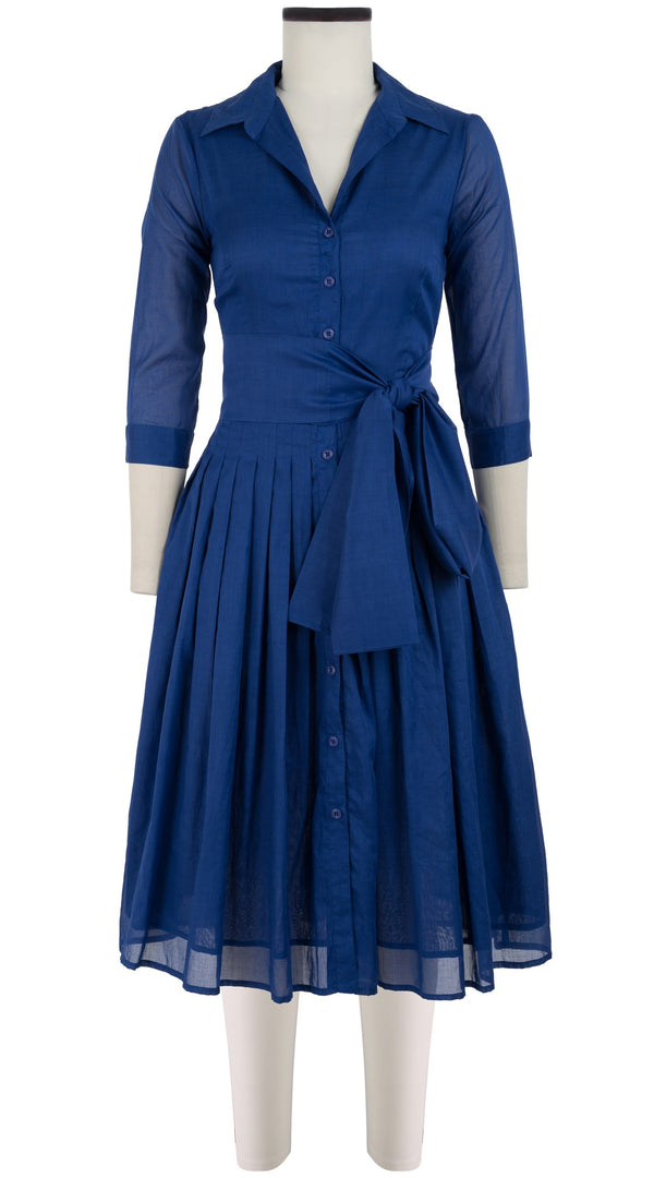 Samantha Sung Audrey Dress #4 Shirt Collar 3/4 Sleeve Long Length Cotton Musola_Solid_Admiral Blue