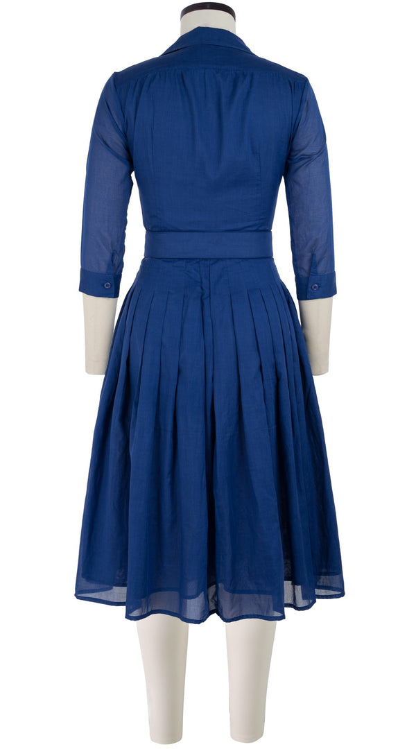 Samantha Sung Audrey Dress #4 Shirt Collar 3/4 Sleeve Long Length Cotton Musola_Solid_Admiral Blue