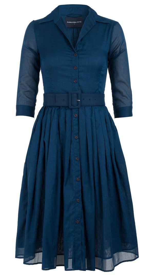 Samantha Sung Audrey Dress #4 Shirt Collar 3/4 Sleeve Long Length Cotton Musola_Solid_Denim Blue