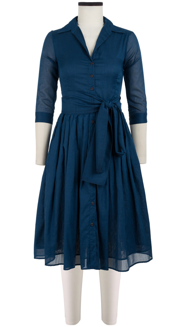 Samantha Sung Audrey Dress #4 Shirt Collar 3/4 Sleeve Long Length Cotton Musola_Solid_Denim Blue