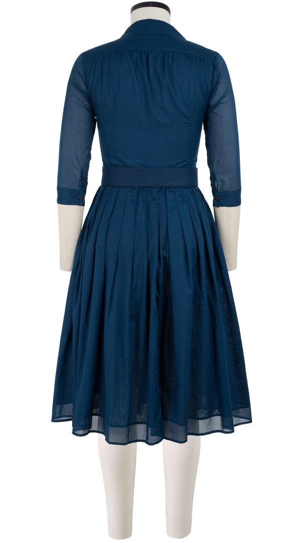 Samantha Sung Audrey Dress #4 Shirt Collar 3/4 Sleeve Long Length Cotton Musola_Solid_Denim Blue