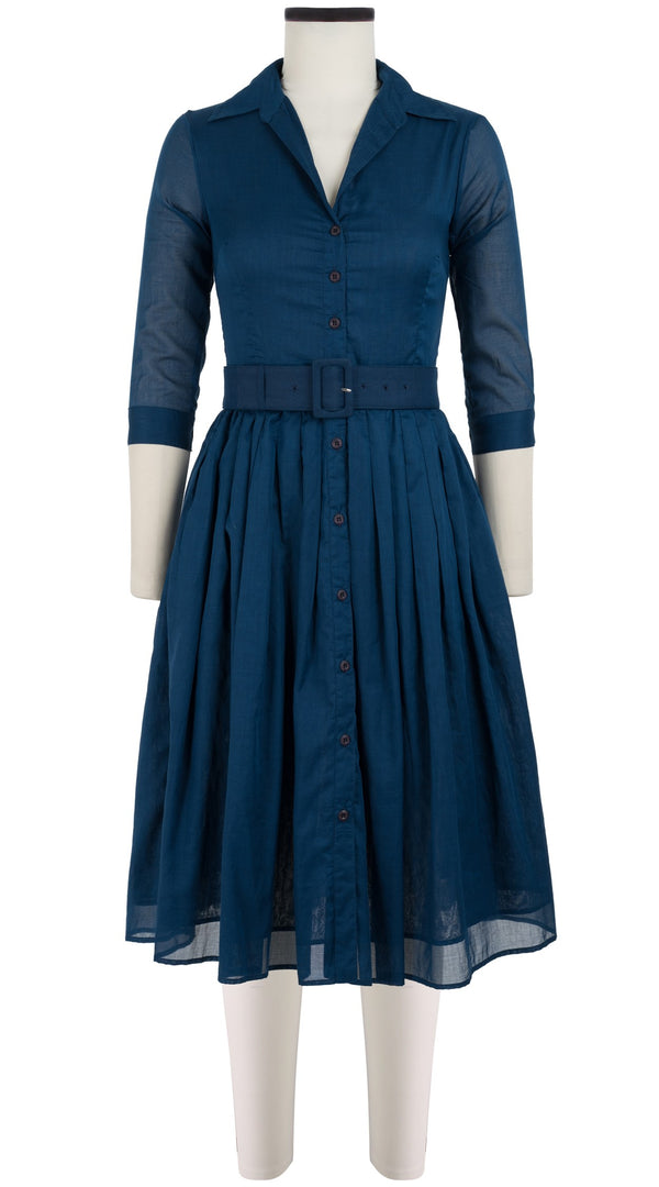samantha sung Audrey Dress #4 Shirt Collar 3/4 Sleeve Long Length Cotton Musola_Solid_Denim Blue