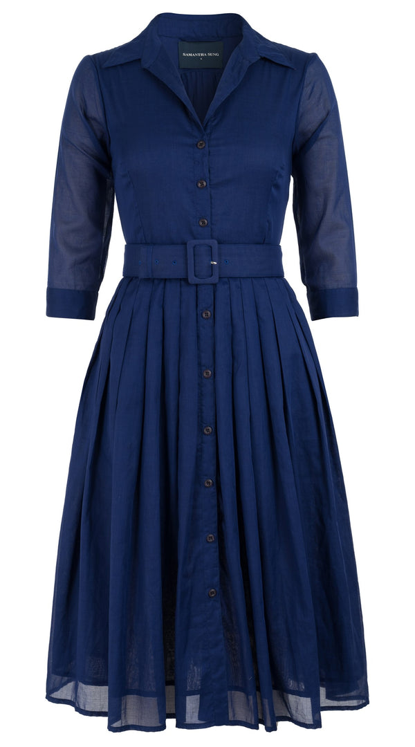 Samantha Sung Audrey Dress #4 Shirt Collar 3/4 Sleeve Long Length Cotton Musola_Solid_Marine Blue