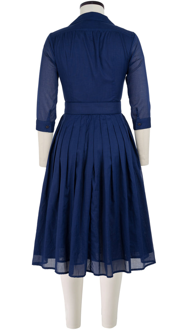 Samantha Sung Audrey Dress #4 Shirt Collar 3/4 Sleeve Long Length Cotton Musola_Solid_Marine Blue