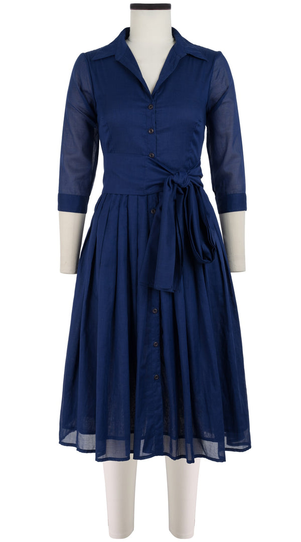 Samantha Sung Audrey Dress #4 Shirt Collar 3/4 Sleeve Long Length Cotton Musola_Solid_Marine Blue