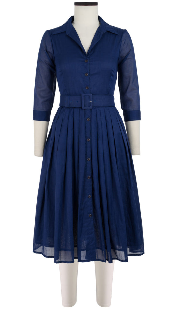 samantha sung Audrey Dress #4 Shirt Collar 3/4 Sleeve Long Length Cotton Musola_Solid_Marine Blue