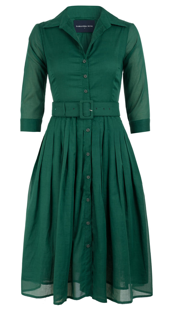 Samantha Sung Audrey Dress #4 Shirt Collar 3/4 Sleeve Long Length Cotton Musola_Solid_Ivy Green