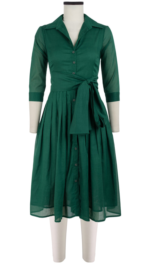 Samantha Sung Audrey Dress #4 Shirt Collar 3/4 Sleeve Long Length Cotton Musola_Solid_Ivy Green