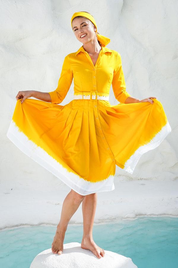 Samantha Sung Audrey Dress #4 Shirt Collar 3/4 Sleeve Long Length Cotton Musola (White Border Tie Dye)