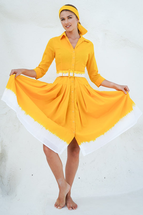 Samantha Sung Audrey Dress #4 Shirt Collar 3/4 Sleeve Long Length Cotton Musola (White Border Tie Dye)